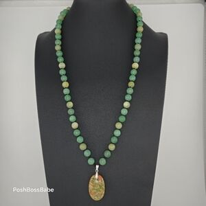 Handmade Green Onyx Bead Necklace with Bloodstone Pendant